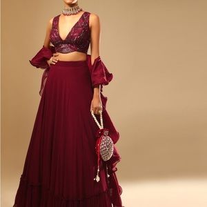 KALKI MAROON LEHENGA WITH HAND BEADED BLOUSE AND RUFFLE DUPATTA